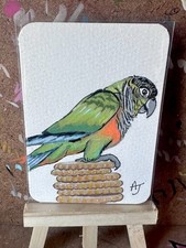 ACEO Art Card inchiostro acrilico originale pappagallo su pila cracker di: Amanda Jerry