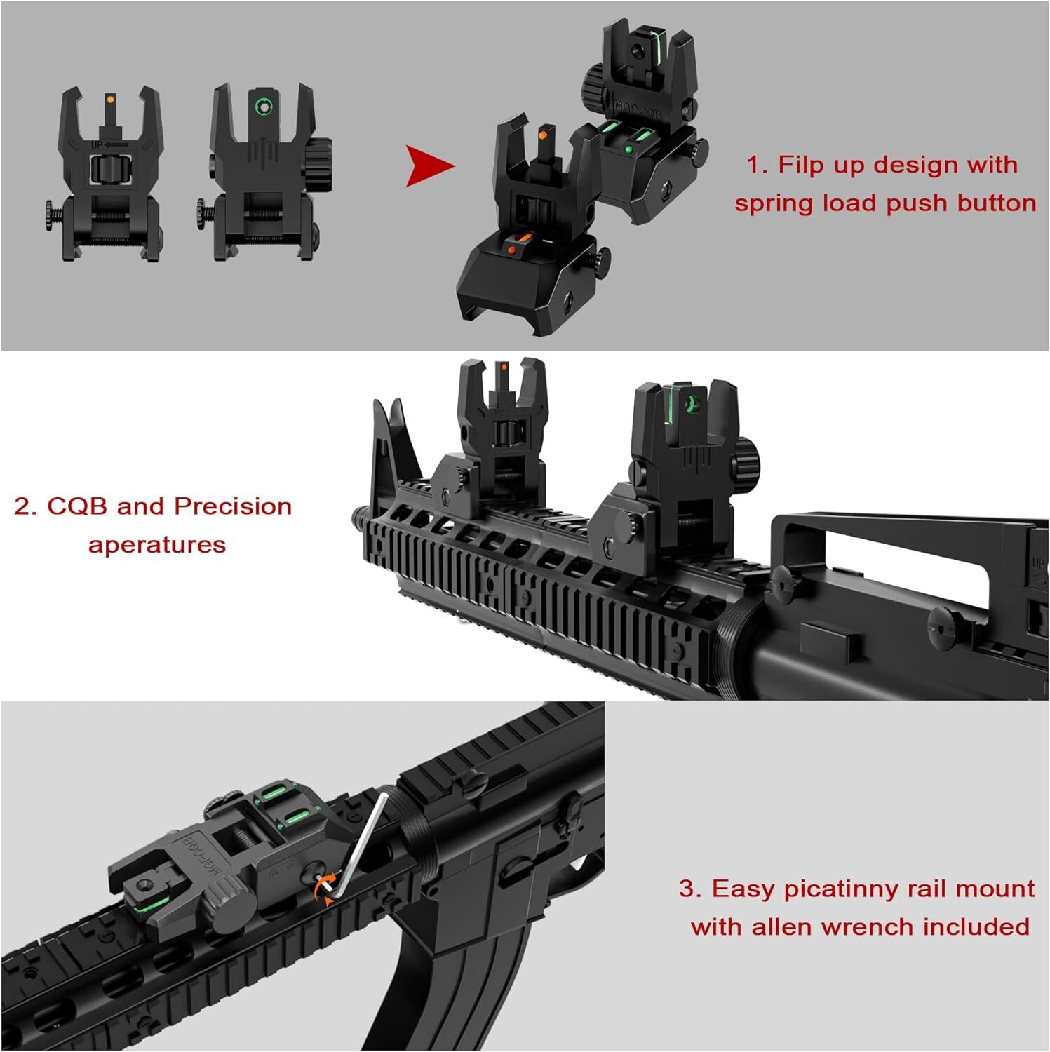 Foldable Iron Sights Flip-up Front and Rear Sight Fiber Optics Dual Aiming Mode