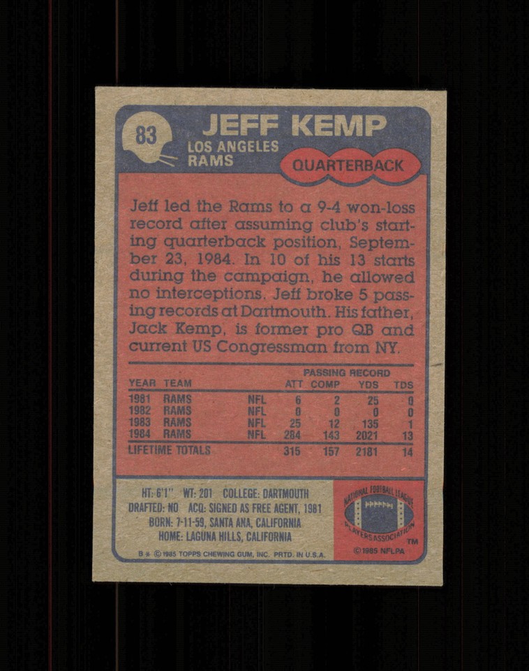 Jeff Kemo Rams 1985 Topps Football #83 Jeff Kemp RC Los Angeles Rams | eBay