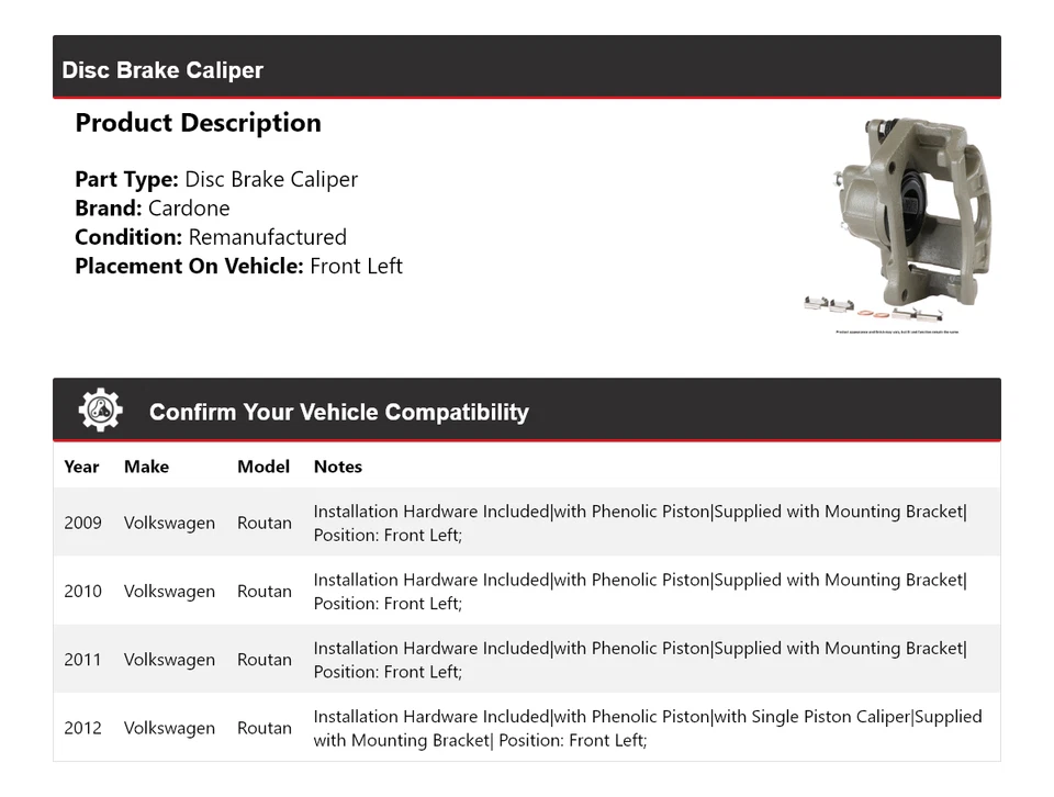 Pinza de freno de disco delantera izquierda cardone 2010 2011 para Volkswagen Routan 2009-2012 Foto 2 de 4