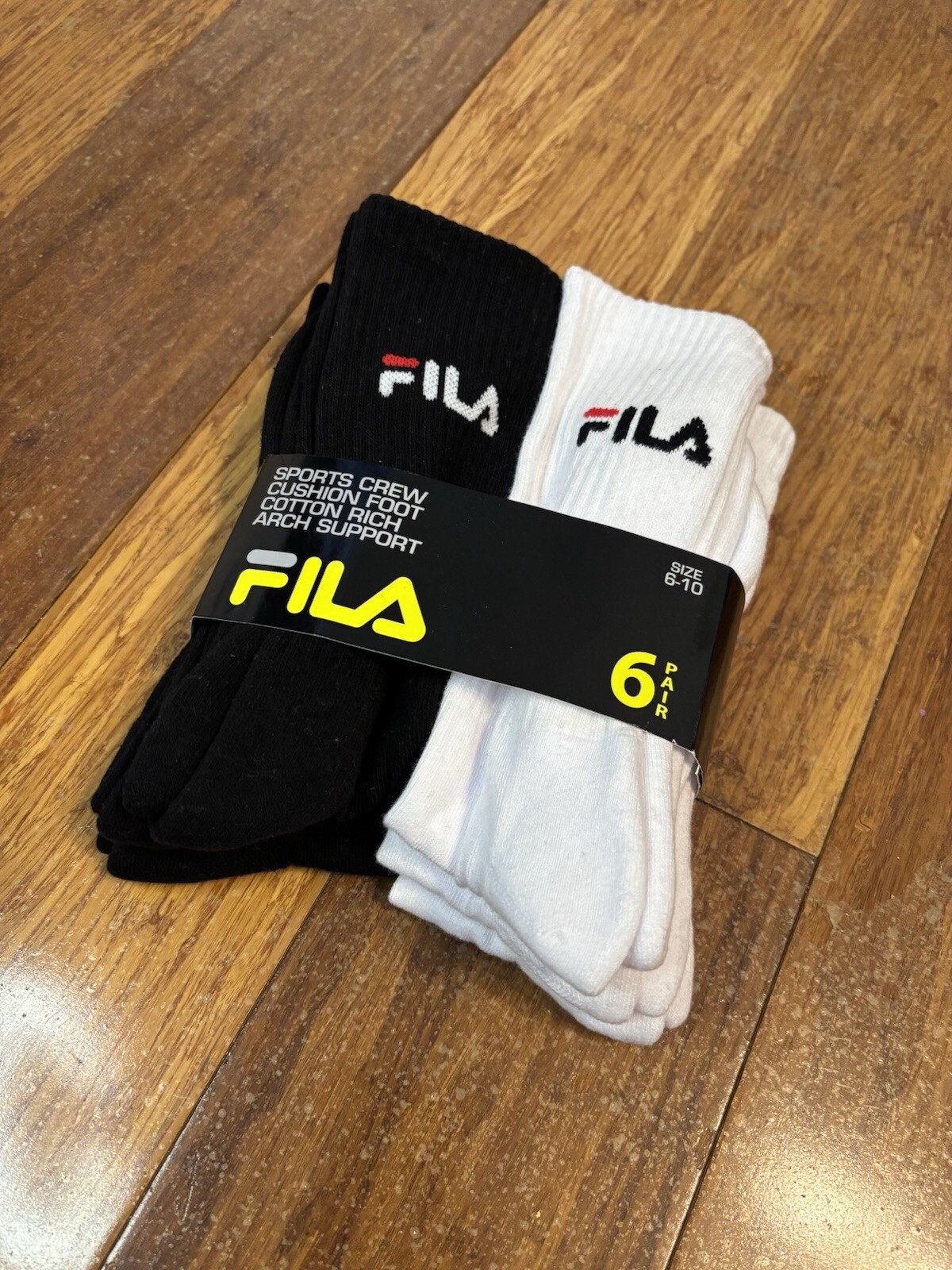 6 Pairs x FILA Sports Crew Socks, Size 6-10, 75% Cotton, Black/White