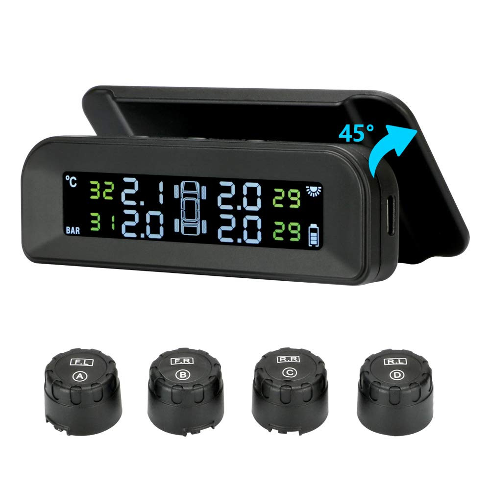 Wireless Solar TPMS - Tire Pressure Monitor w/ 4 Sensors, 22-87PSI, Car/RV/SUV
