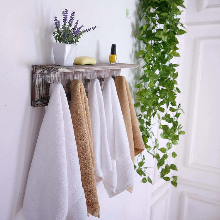 Rustic Wood Towel Hooks, Wall Mounted Floating Display Shelf Rack