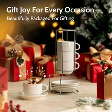 8 Ounce Porcelain Stackable Cappuccino Cups with Saucers Set of 4, White