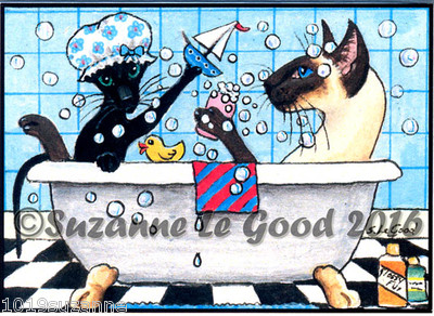 SIAMESISCHE ORIENTALISCHE KATZE IM BAD ACEO DRUCK VOM ORIGINALGEMÄLDE SUZANNE LE GUT