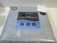 New Nautica Home 6 pcs Cal King Sheet set ANCHOR PARADE  White and Grayish-Blue
