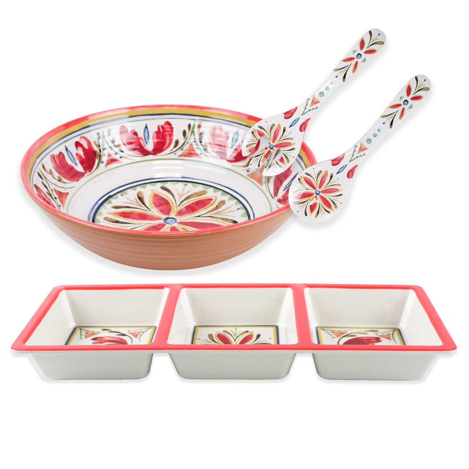 Purely Home Mediterranean Melamine 3-Section Tray, Salad Bowl & Servers Set