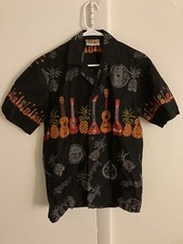 Winnie Fashion Ukuleles Pineapples Hawaiian Shirt Black Men's Small Made In USA