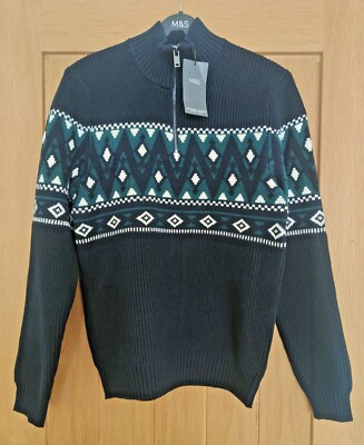 M&S Cotton Blend Fair Isle Zip Up Jumper UK S/M/L/XL/2XL UK