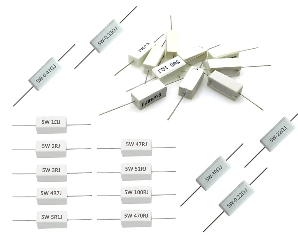 KT-ELEKTRONIC Widerstand 5W 0,1 Ohm - 10 kOhm 5% Zement Widerstände Auswahl 22 x 9,5 x 9,5 mm