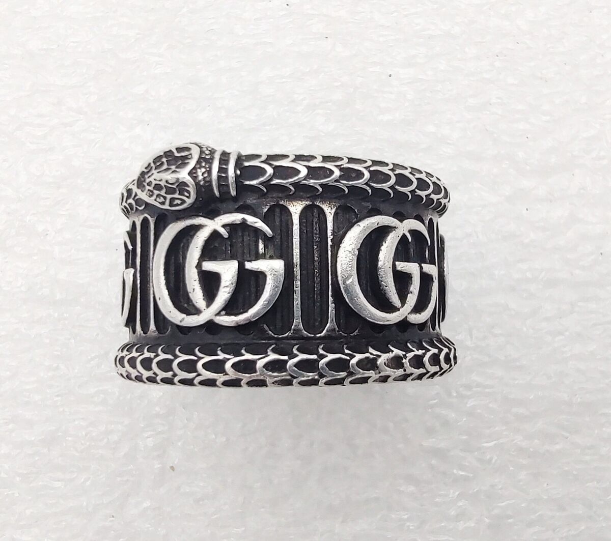 Gucci Sterling Silver Marmont Aged Double G Snake Ring Wide Gucci Sterling Silver Marmont Aged Double G Snake Ring Wide