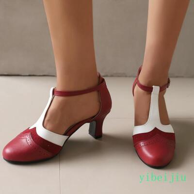 Retro Women's Brogue Mid Heel Mary Jane T Strap Shoes Two Tone Colorblock Lady's