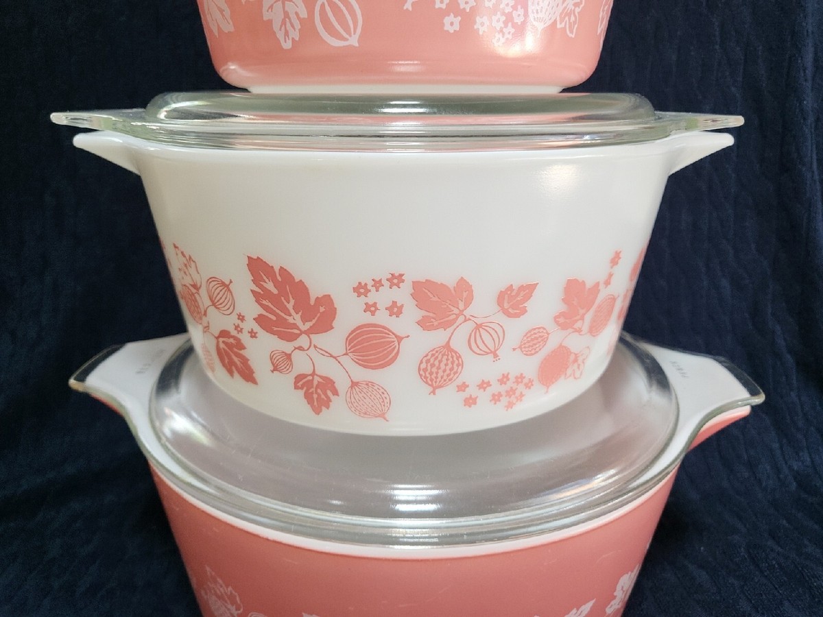 3 Vtg Pyrex Pink White Gooseberry Cinderella Bowls With Lids #473