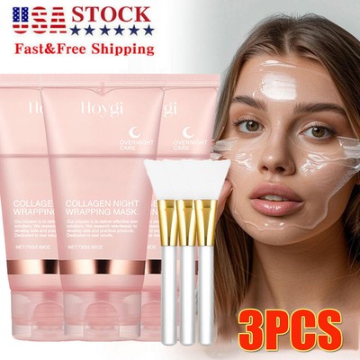 3Pcs Collagen Wrapping Mask 2.53 oz /75ml Renewal Night Care Mask Cream w/brush