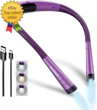 Book Light, 3-Color & 6-Brightness Reading Light, Bendable Neck Light, 80-Hr