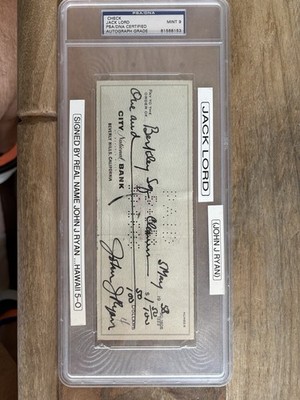 Jack Lord ( John J. Ryan) Signed Check PSA/DNA Mint 9 Hawaii 5-0