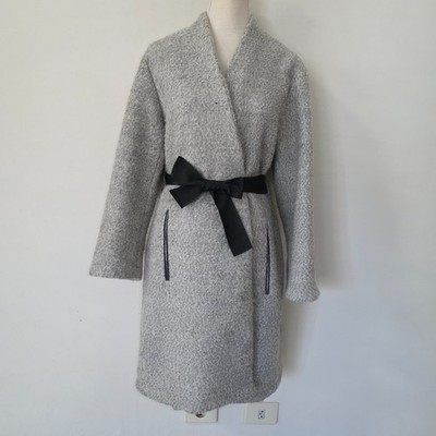 By Julie sz L Long Grey Wrap Coat Wool Blend Belted Minimal Chic Open Front
