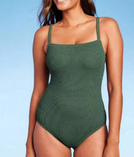 NEW Kona Sol Pucker Textured Square Neck High One Piece Swimsuit Size Medium