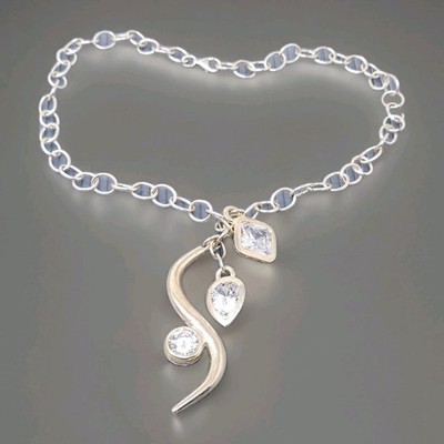 Vintage Sterling Silver Hand Crafted White Crystal Chain Pendant Necklace 18''