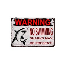 No Swimming Shark Warning Sign - Deterrent Metal Plaque for Beach Houses, Poo...