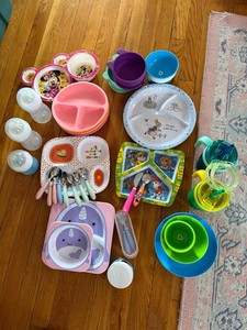 Lot Of Baby Feeding Items Plates Cups Spoons Forks Bottles EXCELLENT VERY CLEAN