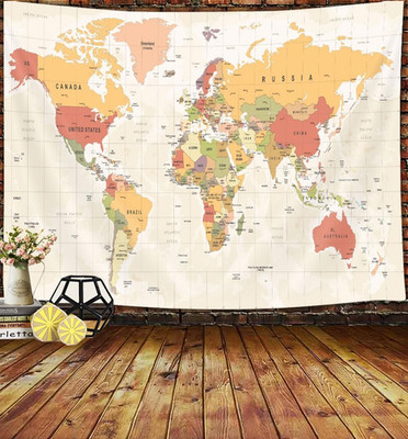 World Map Tapestry, Map of the World with Countries and Major Cities Wall Tapest