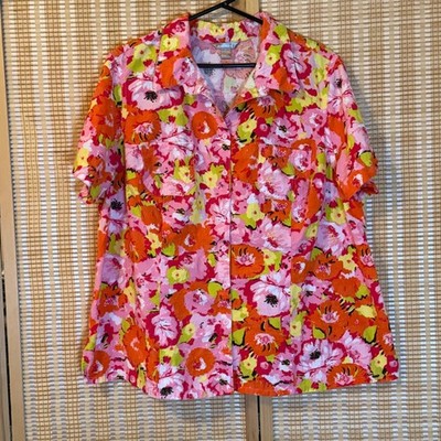 White Stag Pink Floral Button Up Shirt Womens 22W 24W Short Sleeve Tropical