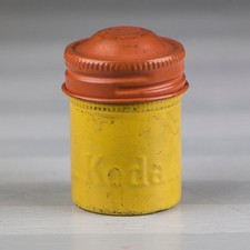 Vintage KODAK 35mm Film Roll Metal Canister Container Yellow w/ Orange Top Empty