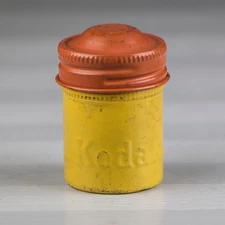 Vintage KODAK 35mm Film Roll Metal Canister Container Yellow w/ Orange Top Empty