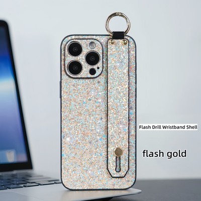 For iPhone 16 Pro Max 15 14 13 12 11 Glitter PU Leather Wristband Ring Grip Case
