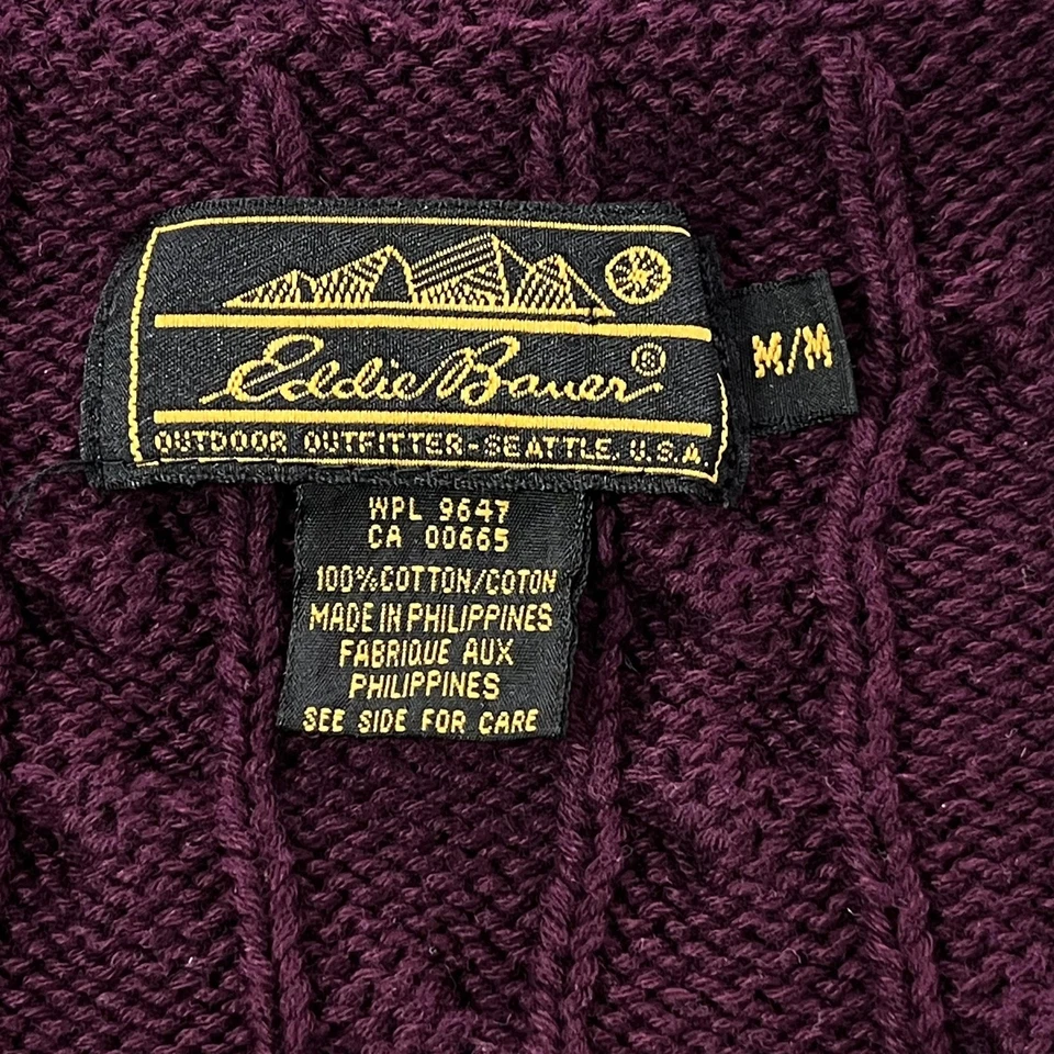 Suéter De Colección Eddie Bauer Mujer Mediano Borgoña Grueso Cable Tejido Algodón Años 90 Foto 3 de 4