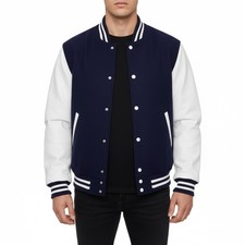 Varsity Letterman Navy Wool  Real White Cowhide Leather Sleeves Bomber Jacket