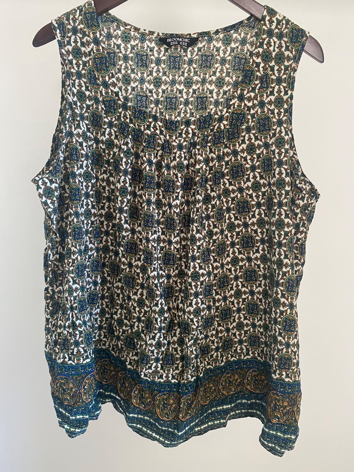 Women's 22-24 Plus Size Blouse Sleeveless 100% Rayon Green Blue Boho BLOOMCHIC