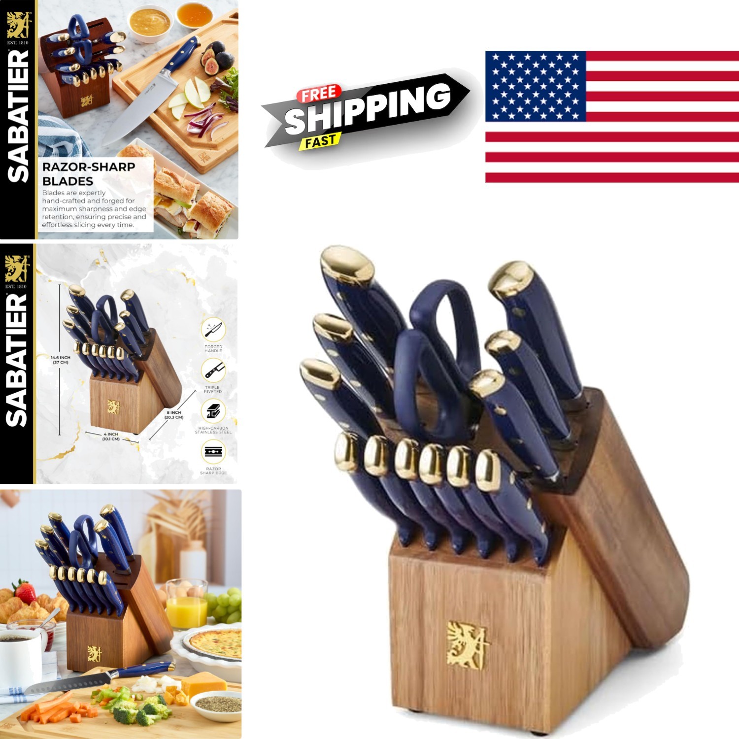Block Set With Ergonomic Handles Navy Gold Acacia Wood Organizer