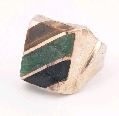 Vintage Taxco Mexico Ring Sterling Silver Tiger'e Eye Malachite Black Onyx Sz 12