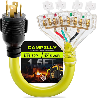 #ad 30 Amp to 20 Amp 110 Generator RV Adapter Cord NEMA L14 30P to 4X 5 15R 5 20R G $57.07