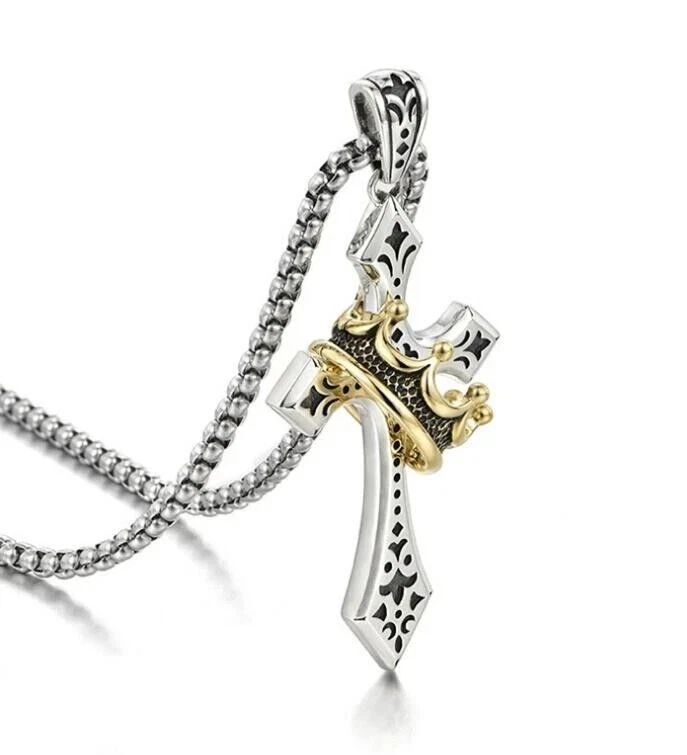 Mens Stainless Steel Cross Necklace with Gold Crown Pendant Christian Jewelry - Image 4 of 4