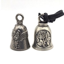 Guardian Bell Pewter Motorcycle Luck Charm Winged Angel and Rose Bell Set 2pc