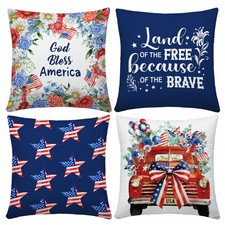 4th of July Pillow Covers Set of 4, American Flag Stars Truck Patriotic Throw...