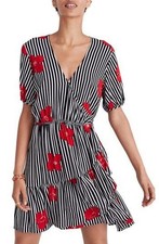 Madewell Ruffled Faux Wrap Stripe Red Poppies Dress 14
