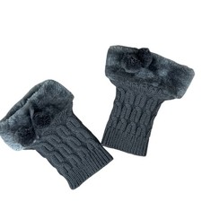 Charcoal Gray Faux Fur Cable Knit Leg Warmers Boot Cuffs Toppers Winter Pom Poms
