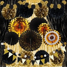 Gold Schwarz Partydekorationen, Papierf&auml;cher Pom Poms Girlande String Banner ...