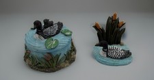 Vtg Loon Trinket Box & Figurine Set Resin Lily Pads Cattails Lake Cabin Decor