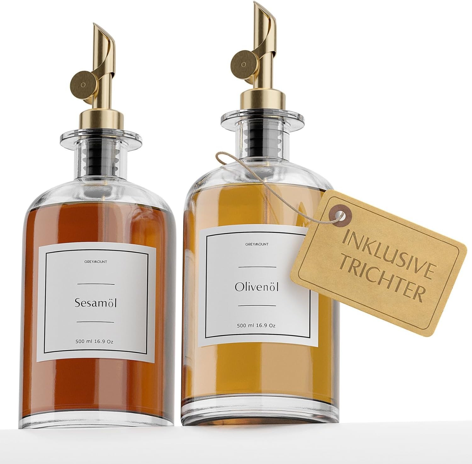 Ölspender Set - 2er Pack 500ml Ölflasche aus Glas mit Ausgießer