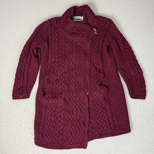 Aran Crafts Women L Burgundy 100 Merino Wool Cable Knit Long Zip Cardigan