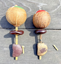 8  Jamaican Maraca Rumba Gourd Shakers Folk Art Vtg Lot of 2 Handmade Carved