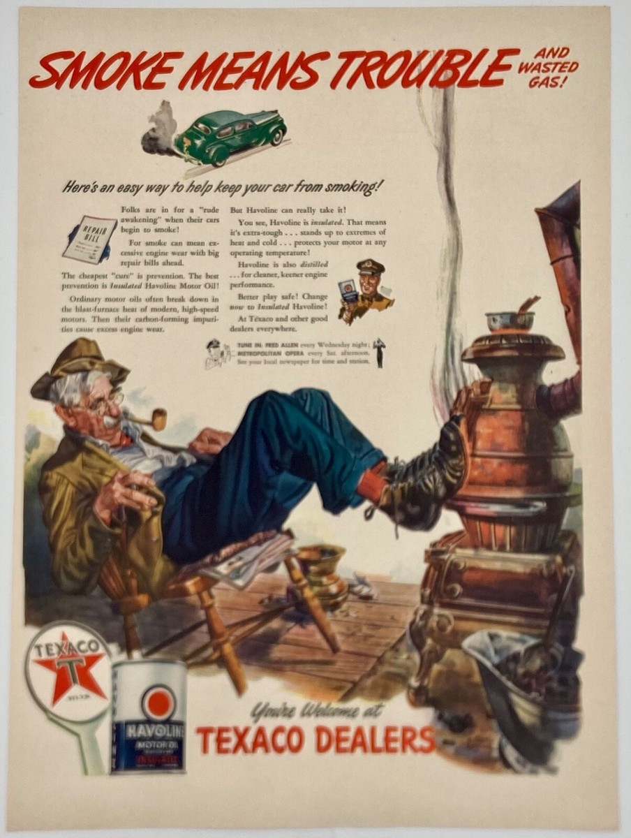 Original 1942 Texaco Ad: Smoke Means Trouble Series, Man Smoking 