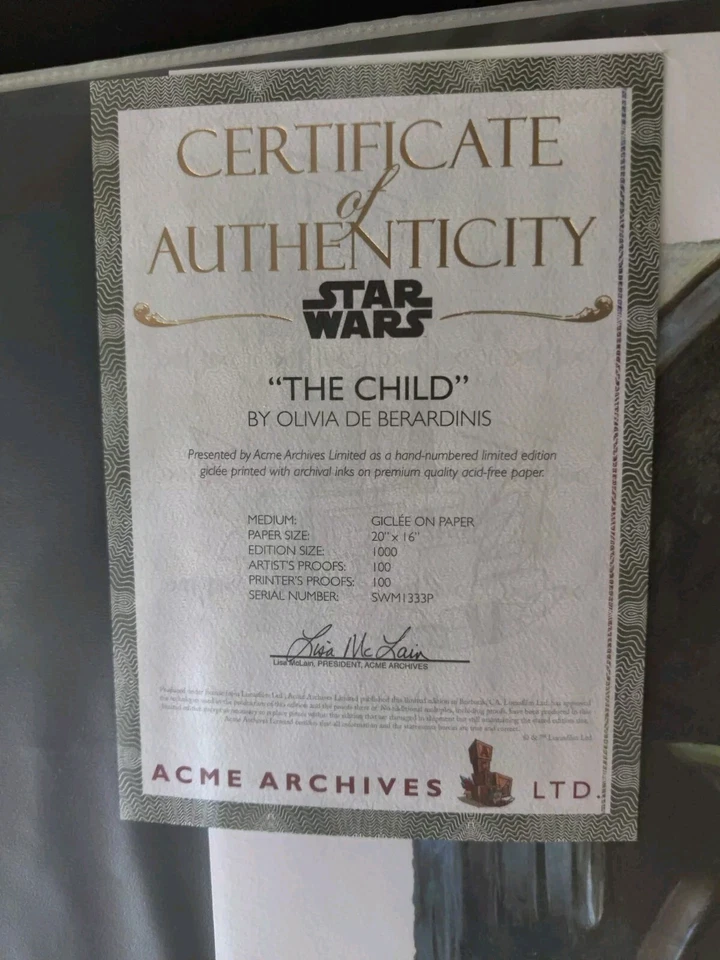 Impresión artística The Child Baby Yoda de Olivia De Berardini Star Wars Sideshow 285/1000 Foto 2 de 3