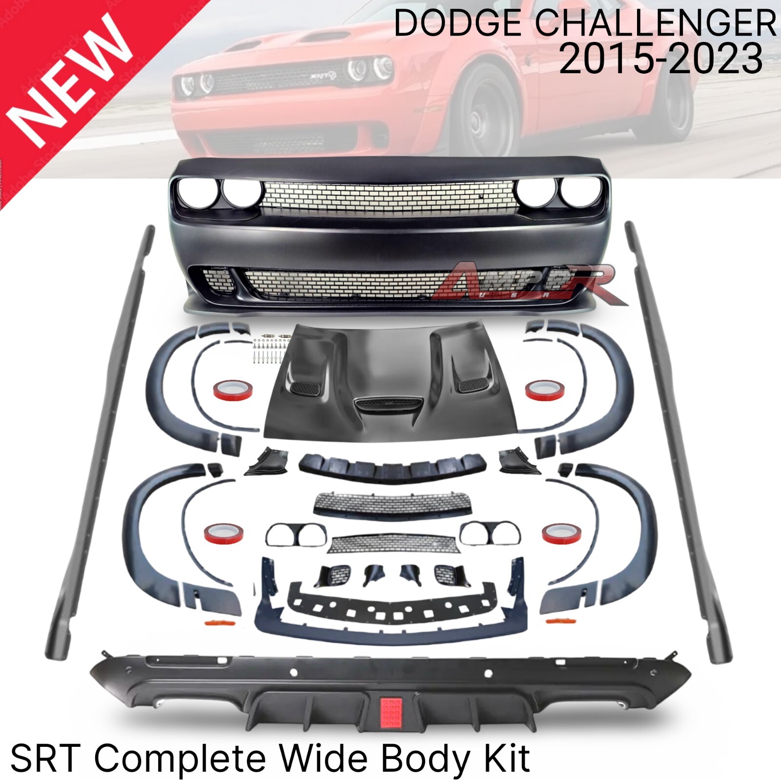 Fits 15-23 Dodge Challenger DEMON Front Bumper Lip Fender Flares Hellcat Hood