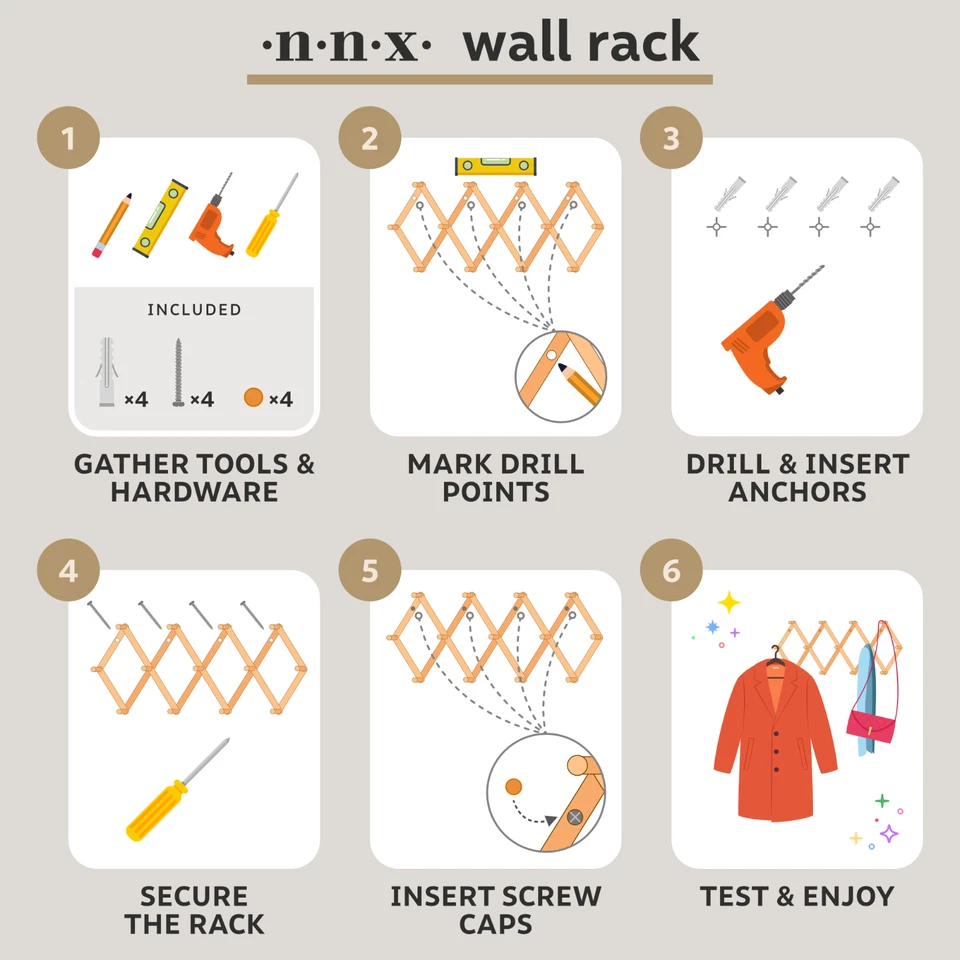 NNX Premium Acordeão Rack para Parede, Casaco Expansível, Organizador de Chapéu, Bambu - Imagem 3 de 4
